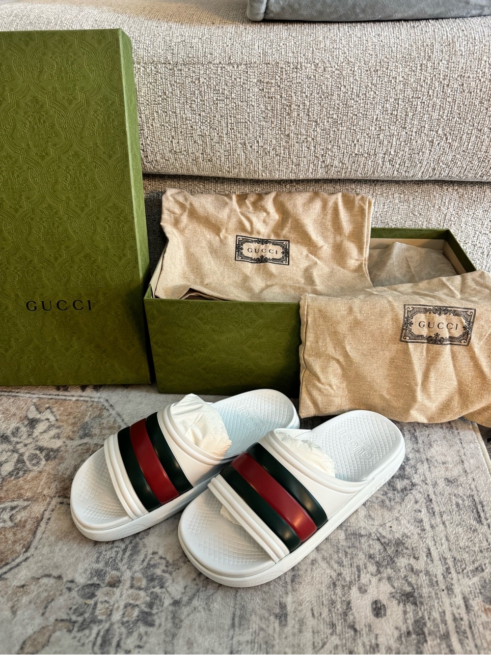 Gucci White Slides with Red and Green Signature Stripe